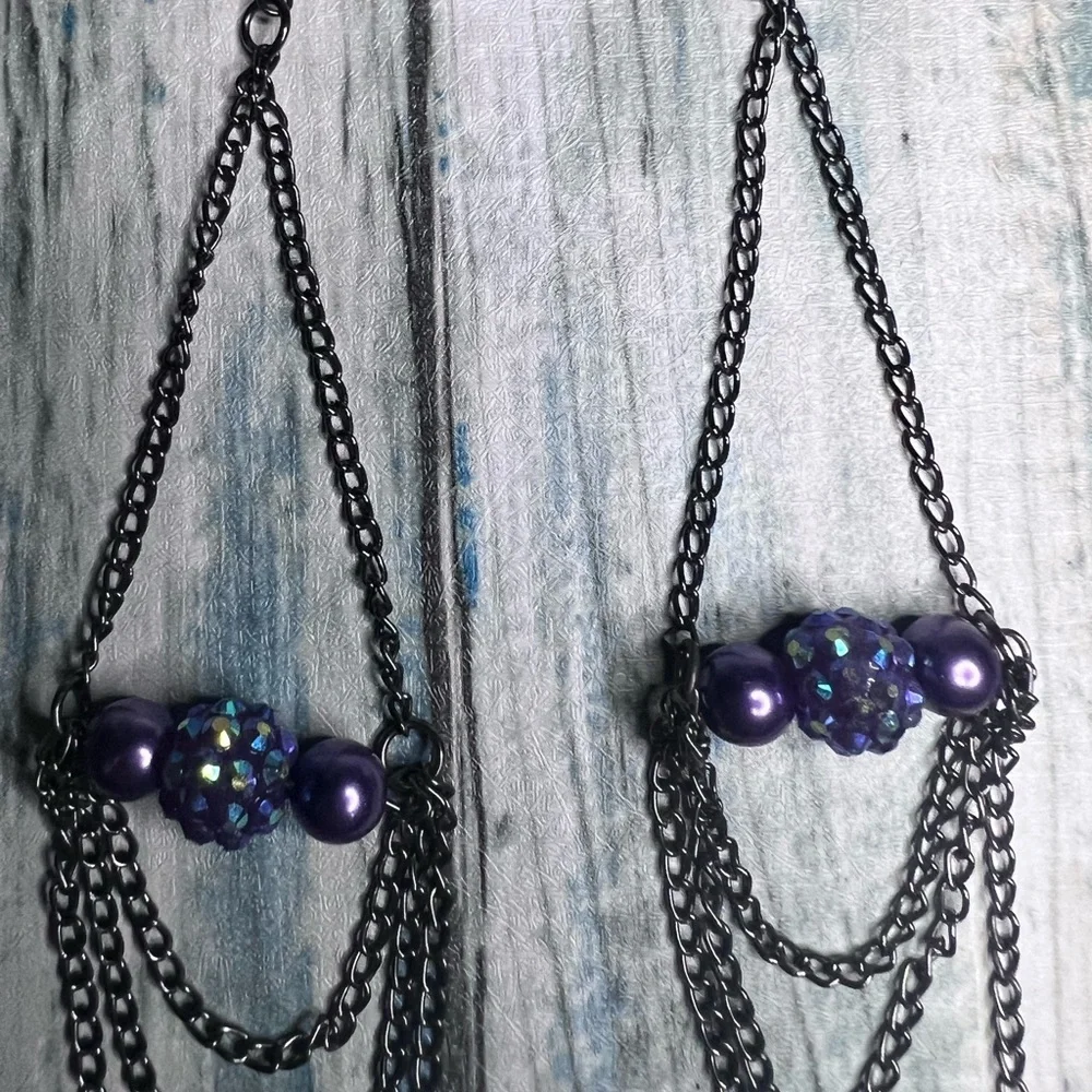 Purple bead and gunmetal chain long dangle earrings